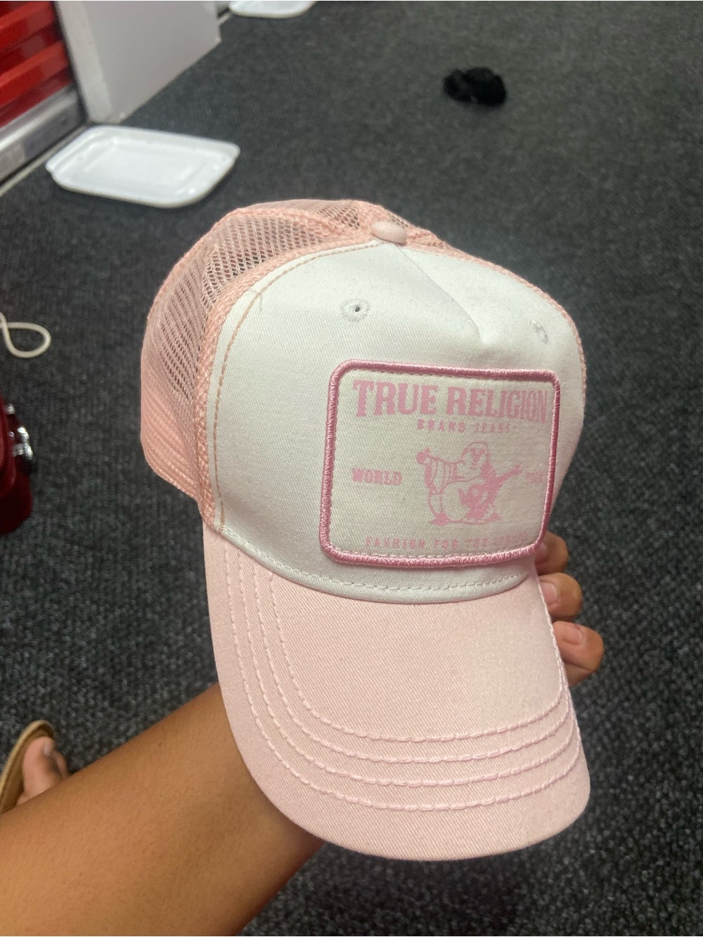 True Religion Pink & White Logo Mesh Trucker Hat